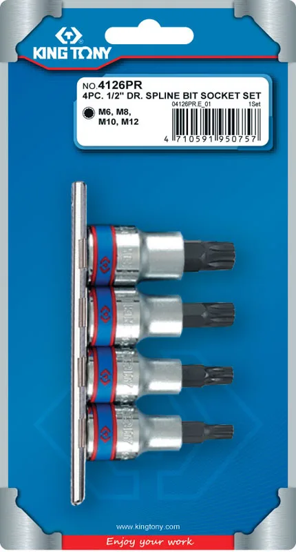 Набор торцевых насадок 1/2;, SPLINE, М6-М12, L = 80 мм, 4 предмета KING TONY 4126PR