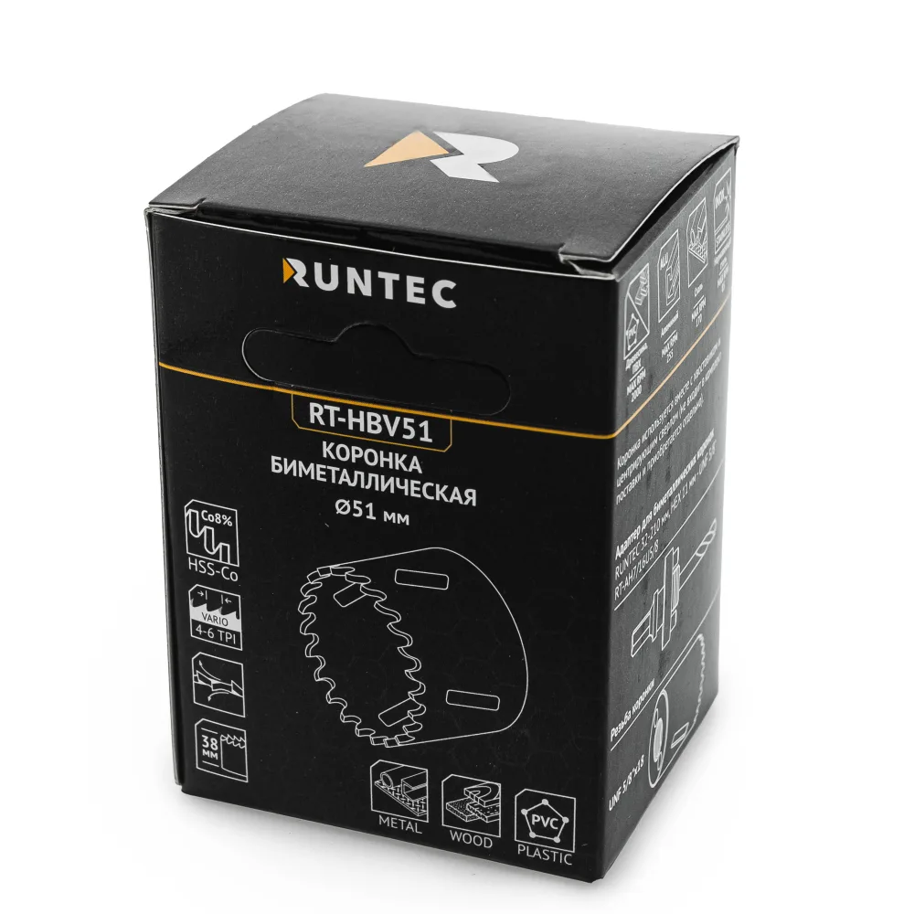 Коронка биметаллическая 51 мм BiM HSS-Co8, 4–6 TPI RT-HBV51 RUNTEC