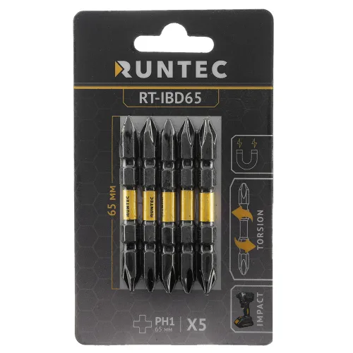 Бита ударная двусторонняя H6.35, 65 мм, PH1/PH1, 5 шт. RT-IBD65 RUNTEC