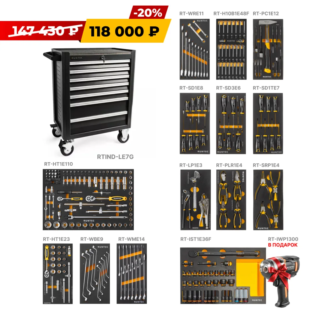 Тележка инструментальная Limited Edition, 7-полочная Industrial, серая, с комплектом инструмента, 298 предметов RT-HT298IND-LE7G RUNTEC