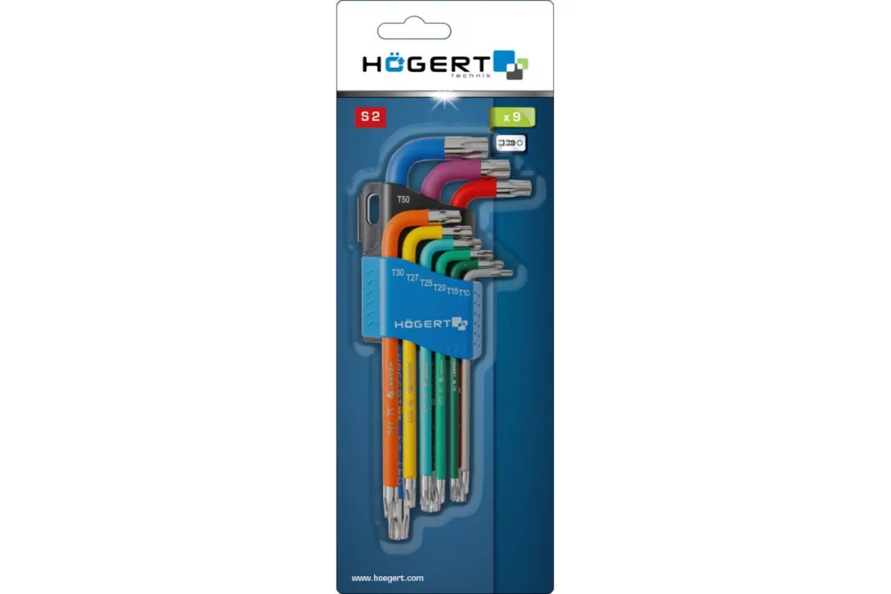 Набор Г- образных удлиненных ключей TORX с цветной маркировкой, Т10- Т50, 9 шт.