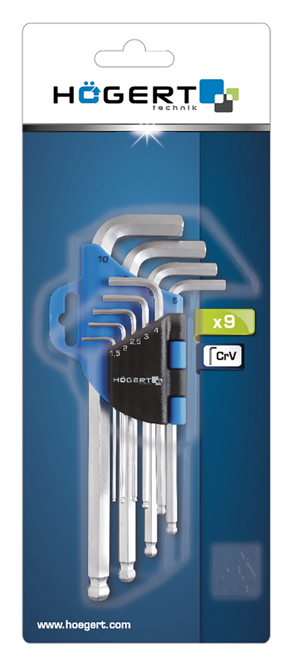Ключи шестигранные удлиненные с шаровым наконечником Crv,9шт.