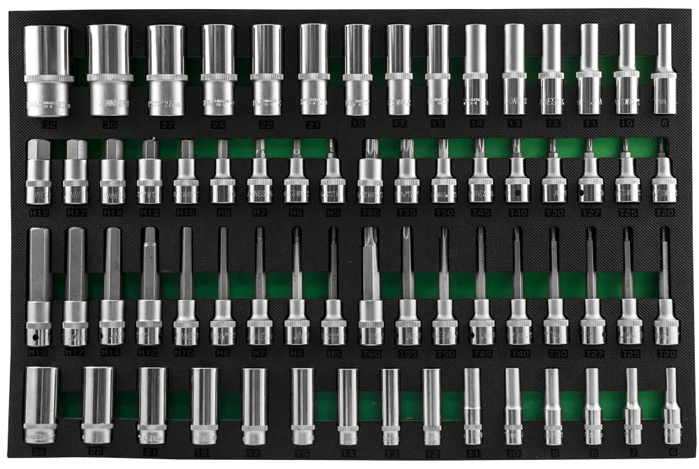 Набор глубоких тоцевых головок 3/8"DR и 1/2"DR, торцевых насадок с вставками 1/2"DR. 66 предметов