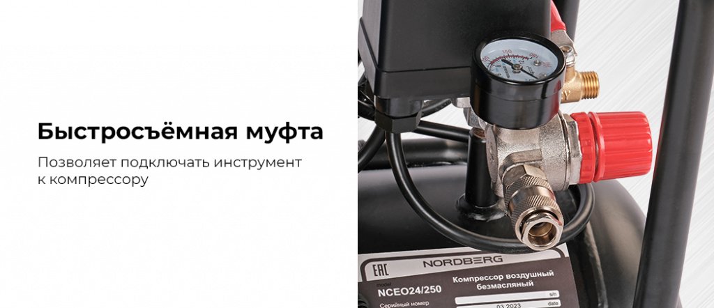 Компрессор безмасляный 220 В, ресивер 24 л, 250 л/мин 12