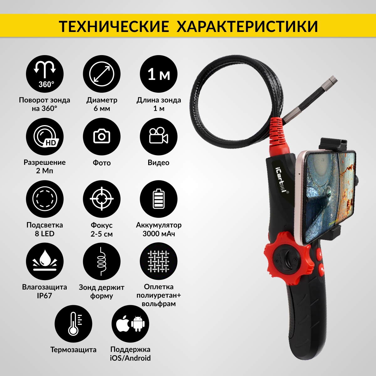Видеоэндоскоп управляемый USB, 2Мп, 1920x1080, 1м, 6мм, 360° 2