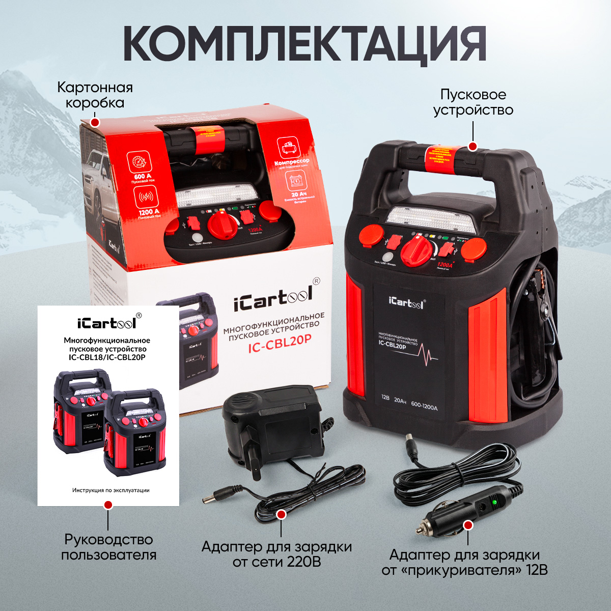 Пусковое устройство с компрессором 12В, 20 000 мАч, 600/1200А