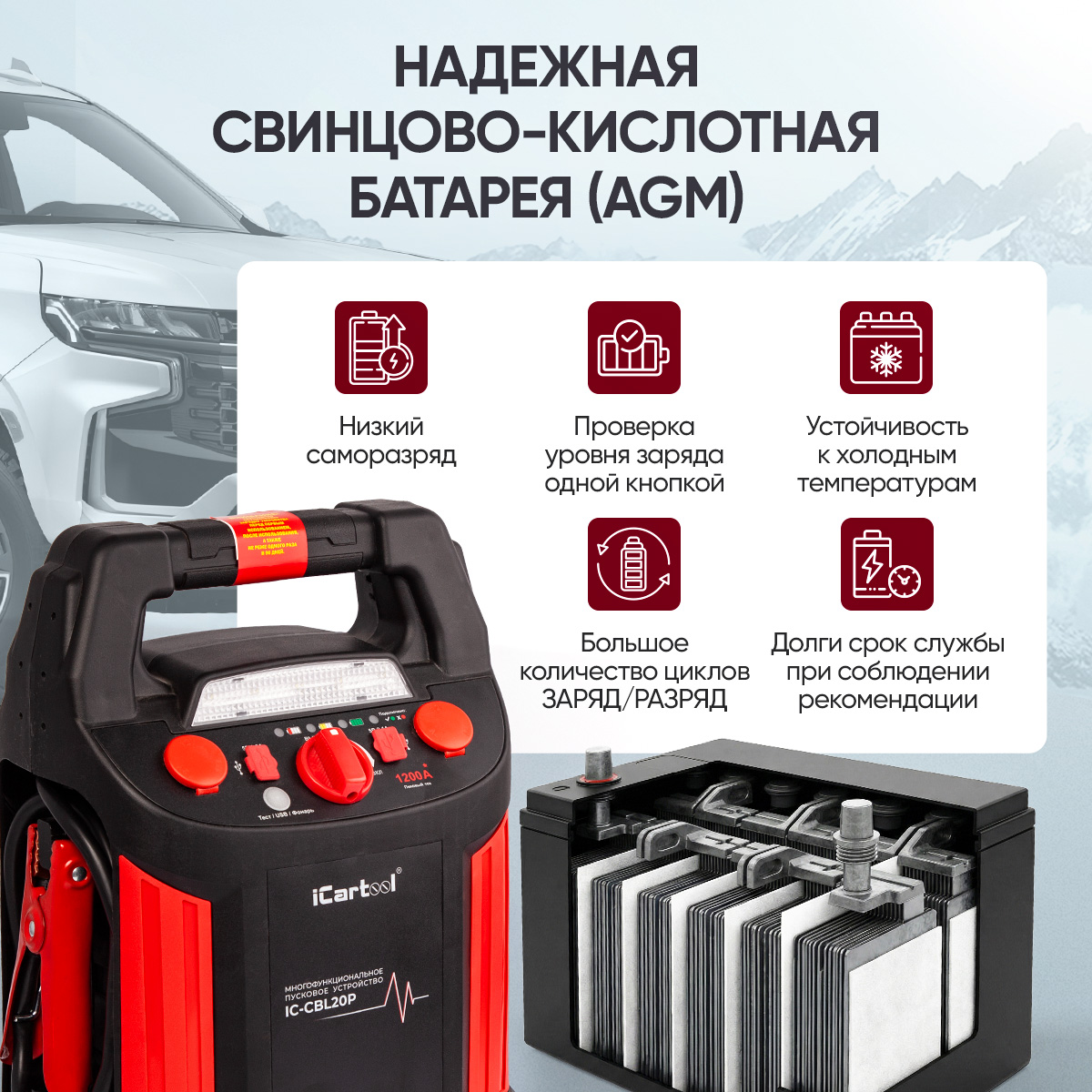 Пусковое устройство с компрессором 12В, 20 000 мАч, 600/1200А