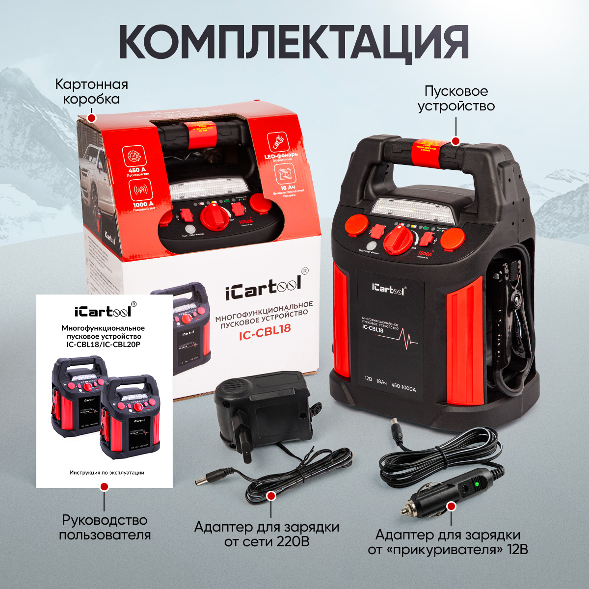 Пусковое устройство 12В, 18 000 мАч, 450/1000А 6