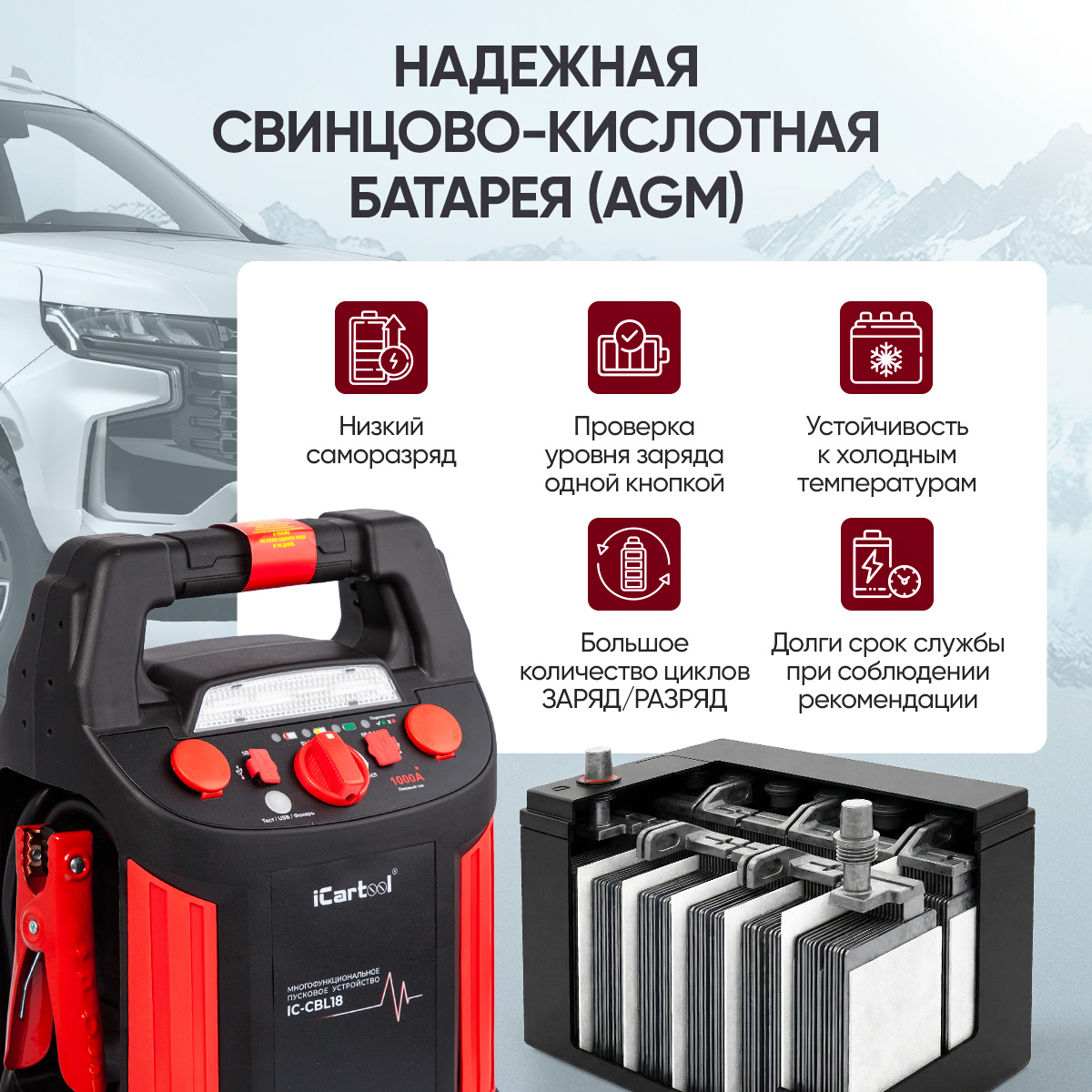 Пусковое устройство 12В, 18 000 мАч, 450/1000А 11