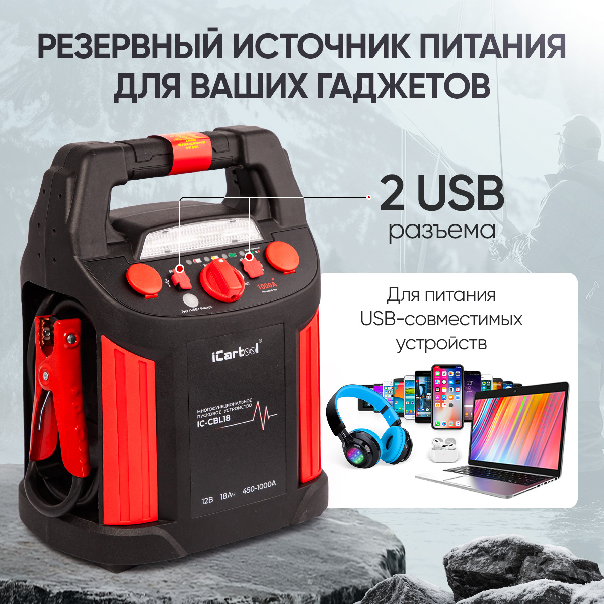 Пусковое устройство 12В, 18 000 мАч, 450/1000А 12