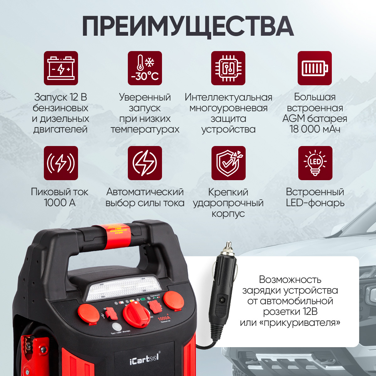 Пусковое устройство 12В, 18 000 мАч, 450/1000А 13