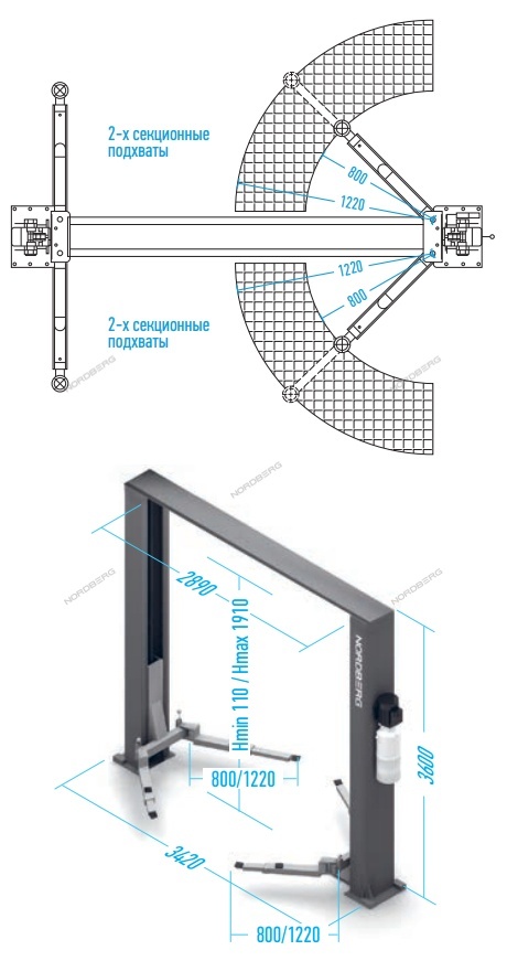 Подъемник двухстоечный, г/п 4т (380В), с электростопорами 380V (Серый) 2