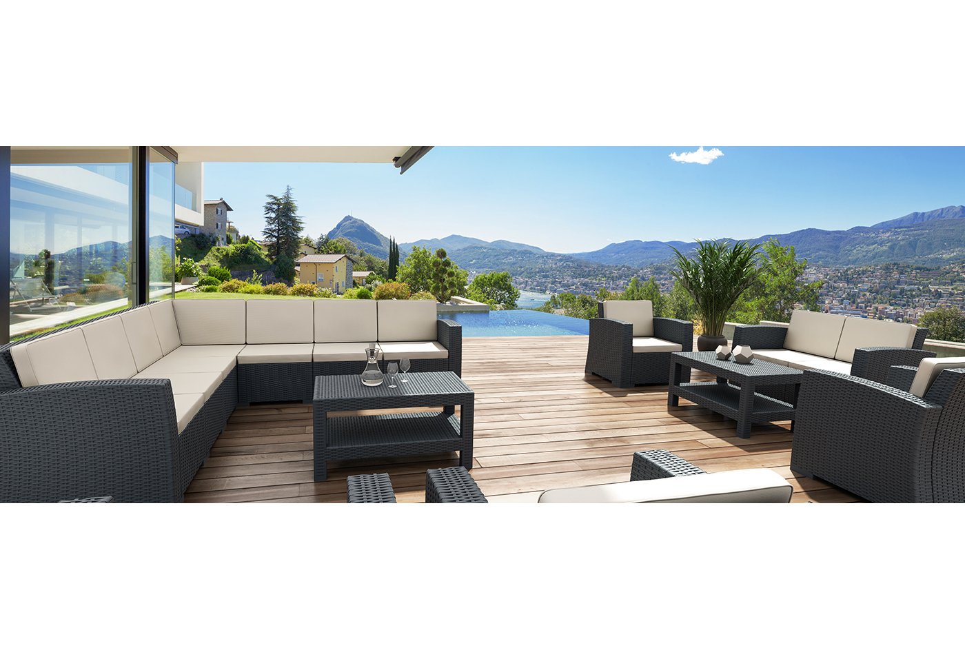 Диван пластиковый плетеный двухместный с подушками Monaco Lounge (Графит) 7
