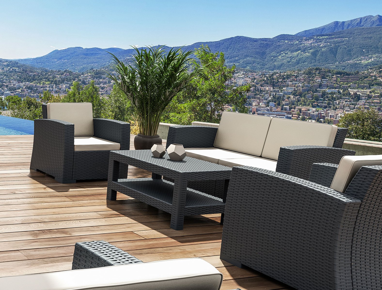 Кресло пластиковое плетеное с подушками Monaco Lounge (Графит) 7