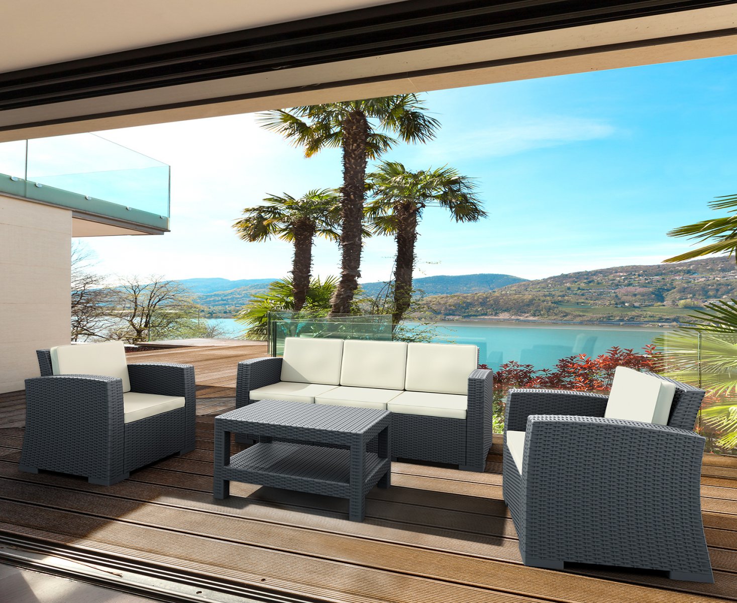 Кресло пластиковое плетеное с подушками Monaco Lounge (Графит) 11